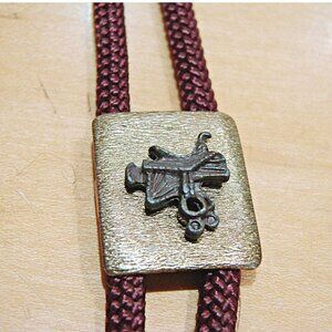 Vintage Western Saddle Bolo Tie Heavy Silver Tone Brass Tips Burgundy Cord 16"